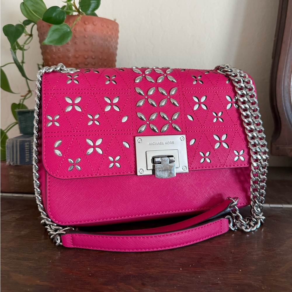 Michael Kors 🩷 Tina Medium Studded Floral Perforated Shoulder/Crossbody Bag